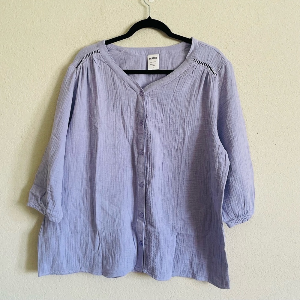 Blair Women's Lavender gauzy 100% cotton blouse size L peasant minimalist gma
